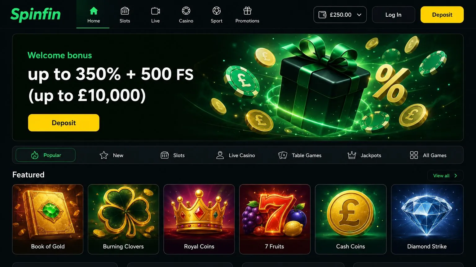 General overview of the Spinfin Casino homepage