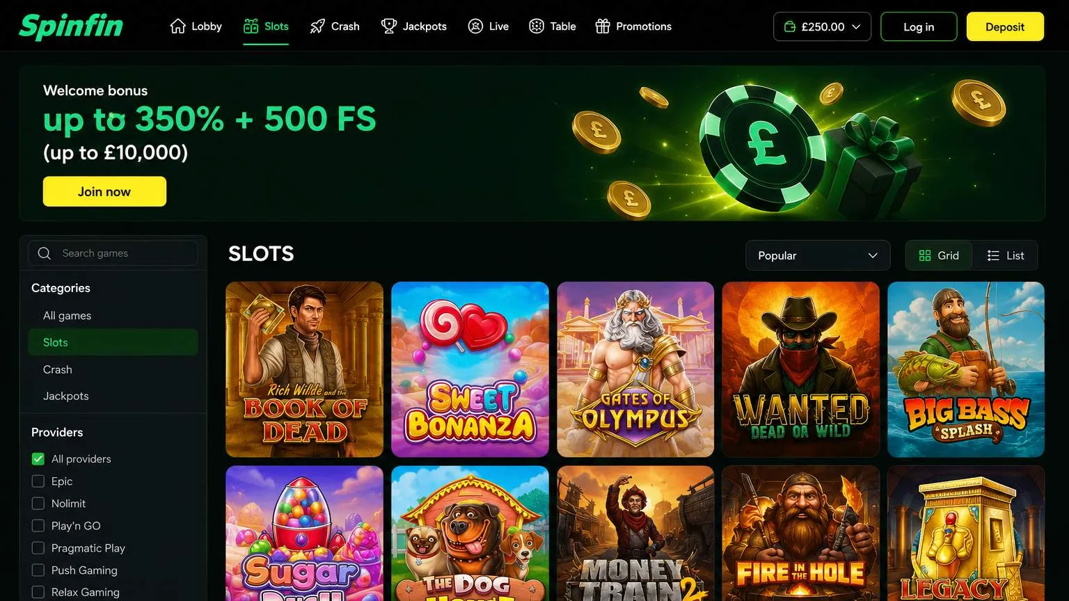 Popular online slots and jackpots at Spinfin Casino