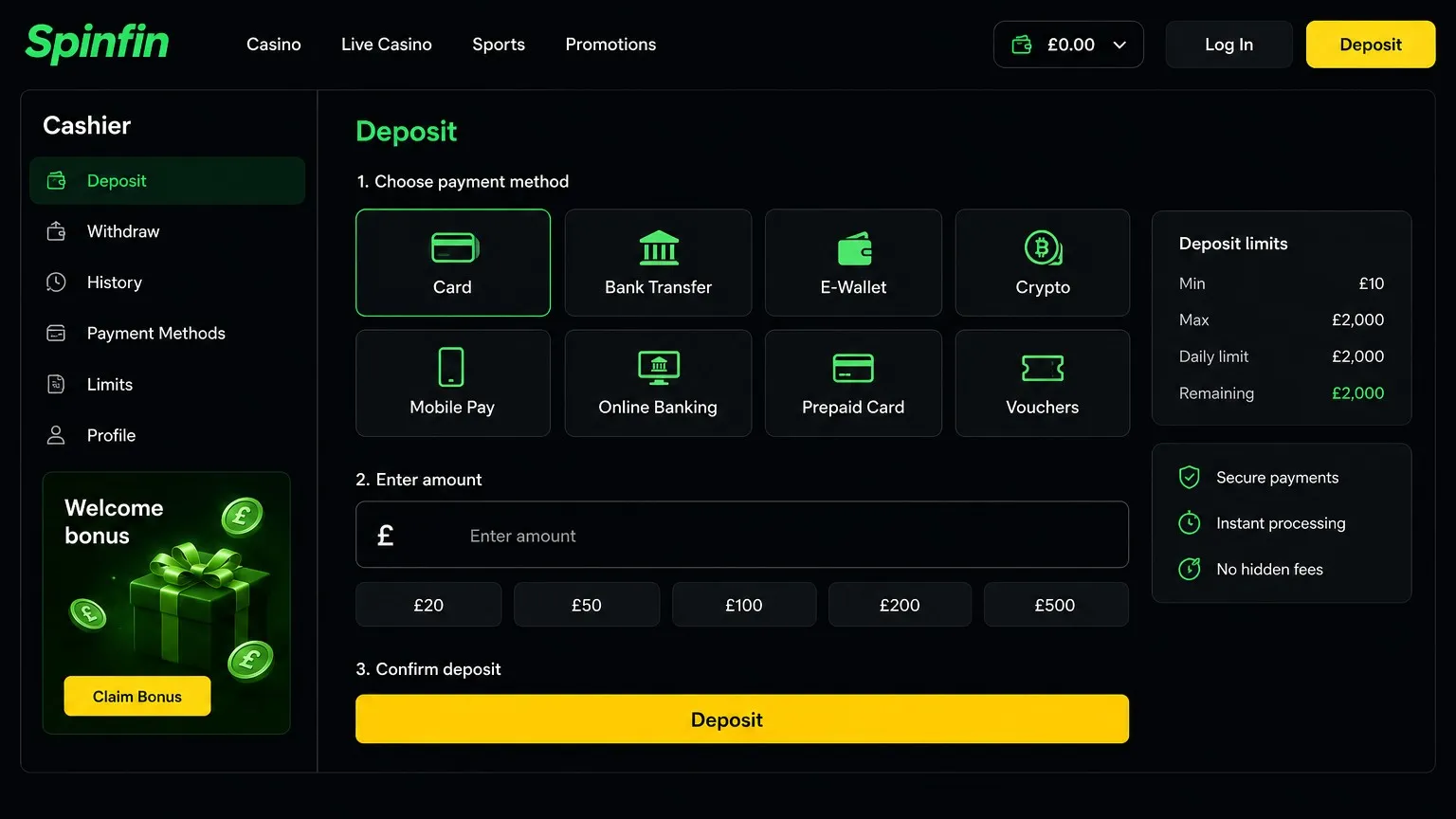 Payment methods for safe deposits at Spinfin Casino