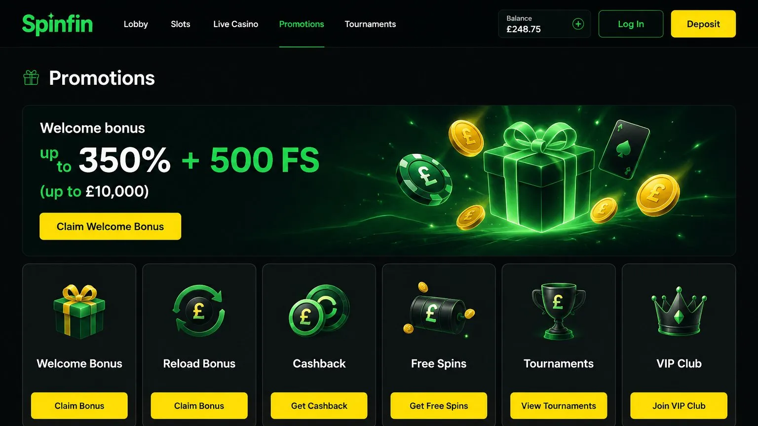 Types of Spinfin promo code bonuses for British players